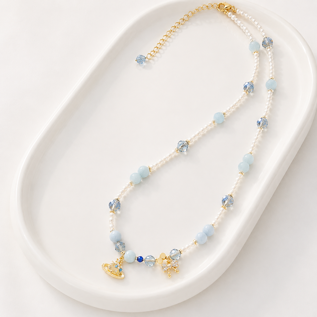 Powder Blue Crown Charm Necklace