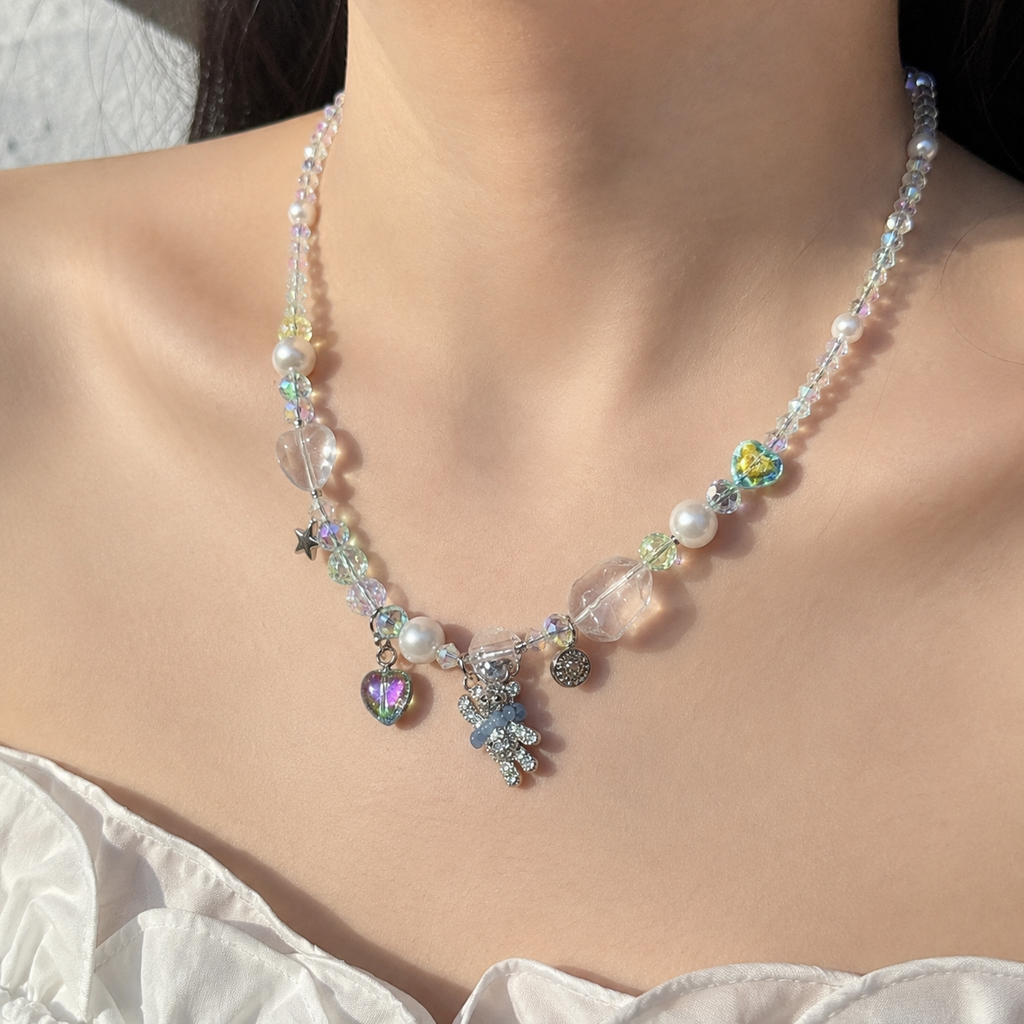 Iridescent Crystal & Pearl Charm Necklace