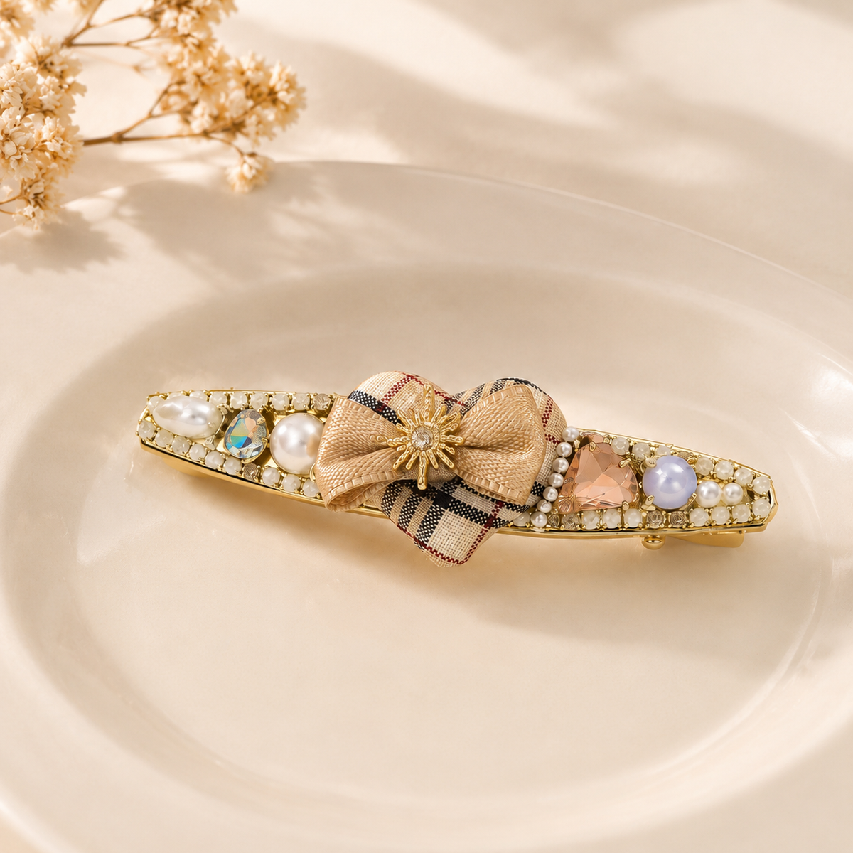 Plaid Bow Pearl Hair Clip