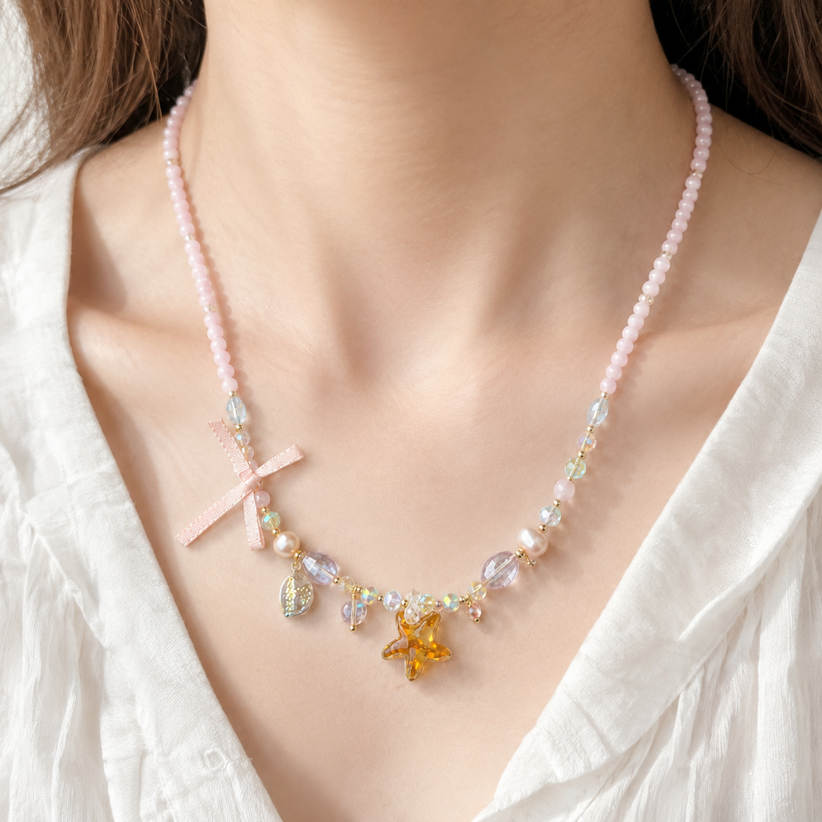 Pink Star Ribbon Necklace