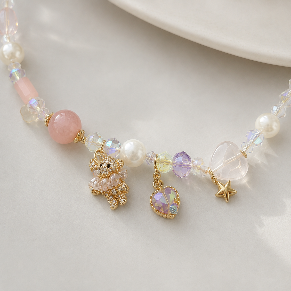 Pink Crystal & Pearl Charm Necklace