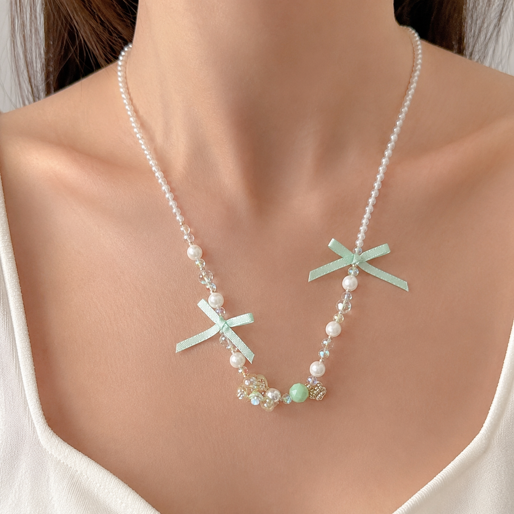 Mint Ribbon Crystal Necklace