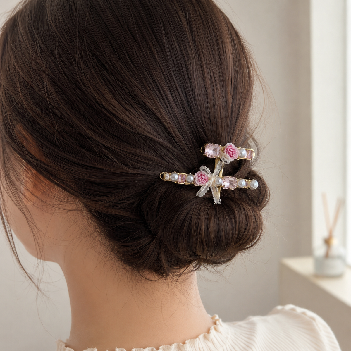 Blush Rose Ribbon Hair Clip Set