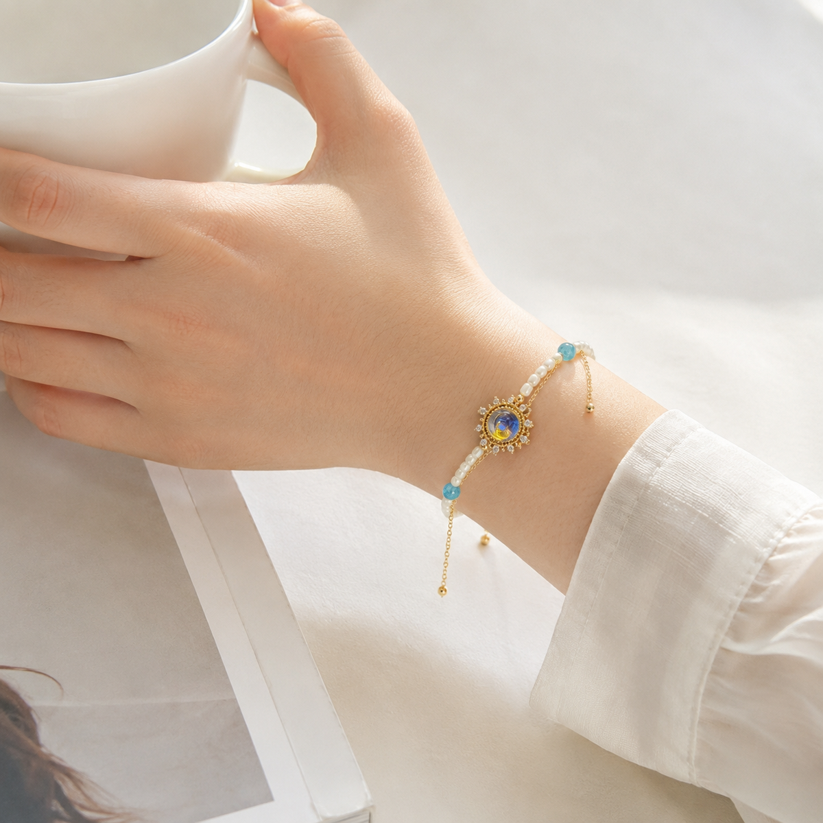 Celestia Pearl & Moonstone Sunburst Bracelet