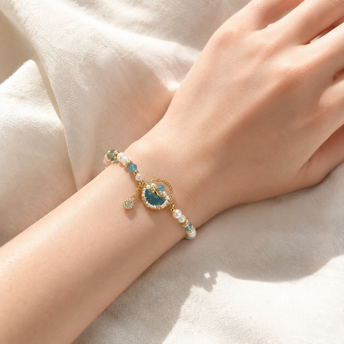Aqua Pearl Halo Bracelet
