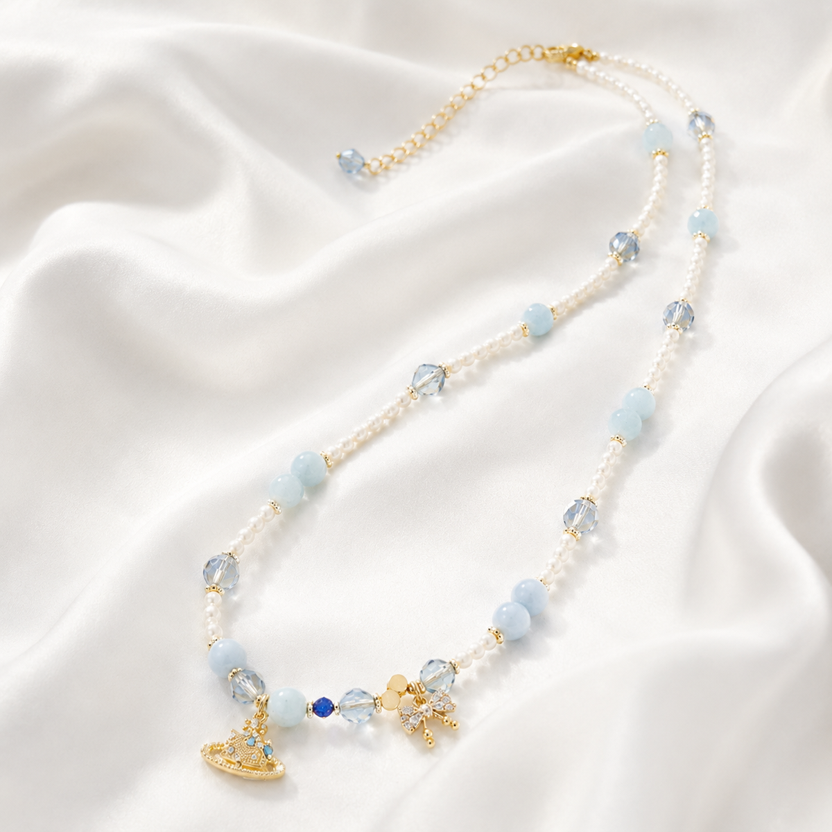 Powder Blue Crown Charm Necklace