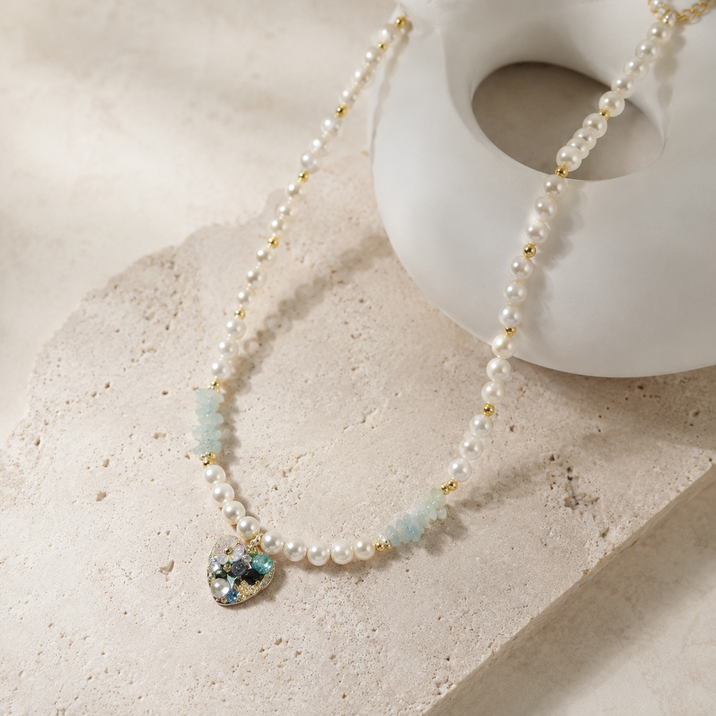 Aqua Heart Pearl Necklace