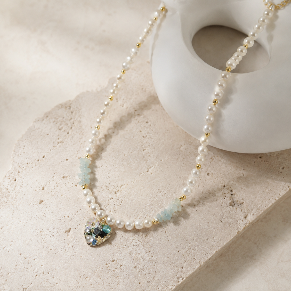 Aqua Heart Pearl Necklace