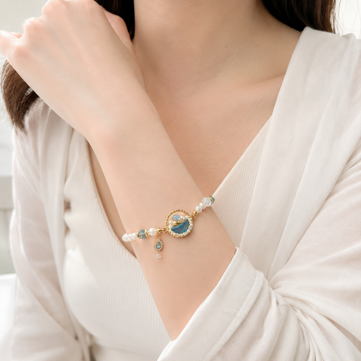 Aqua Pearl Halo Bracelet