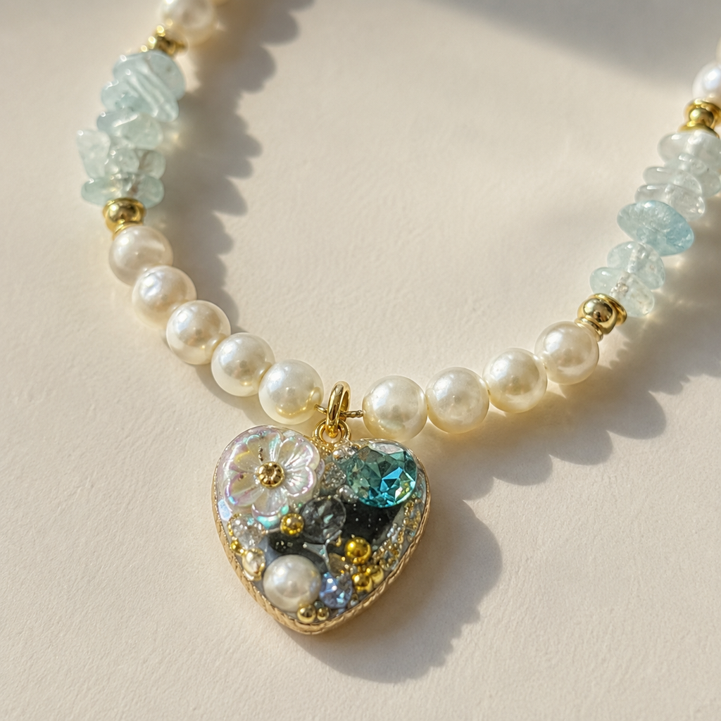 Aqua Heart Pearl Necklace