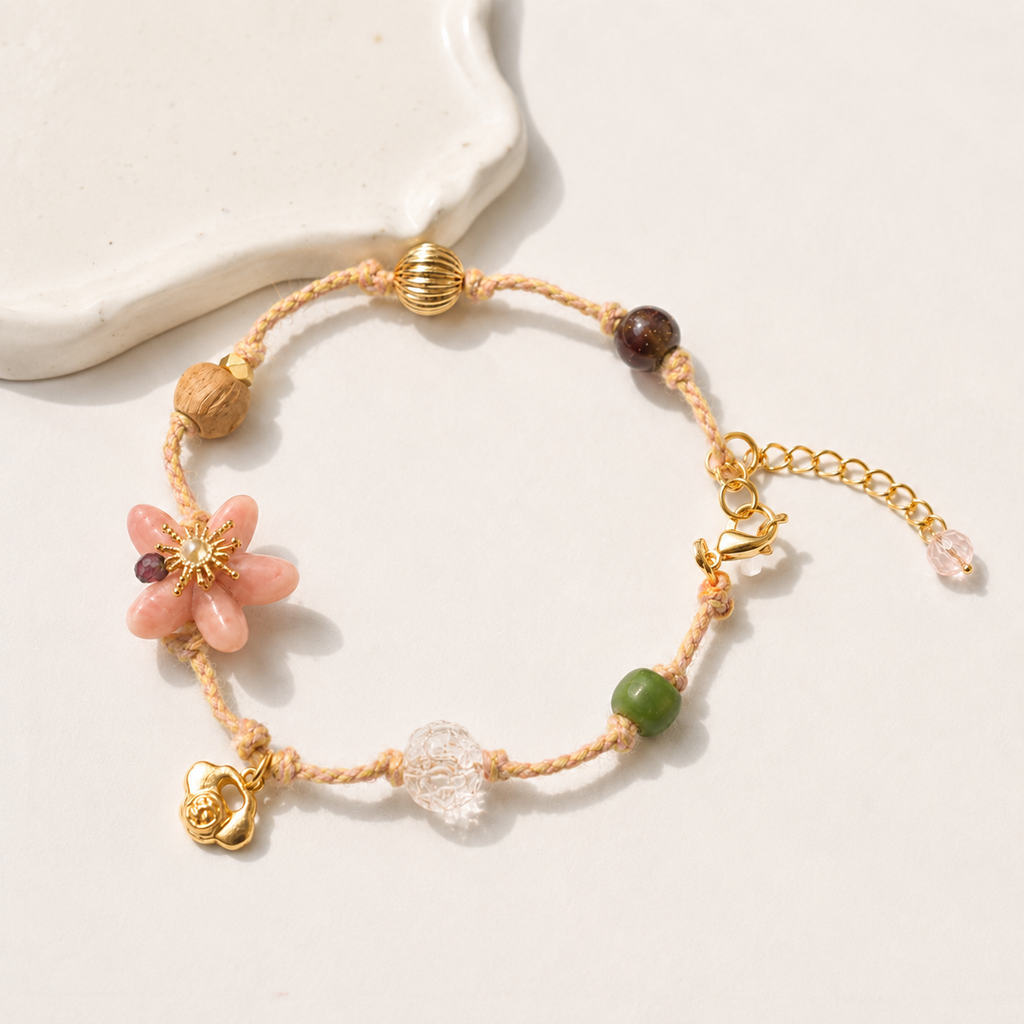 Peach Blossom Cord Charm Bracelet