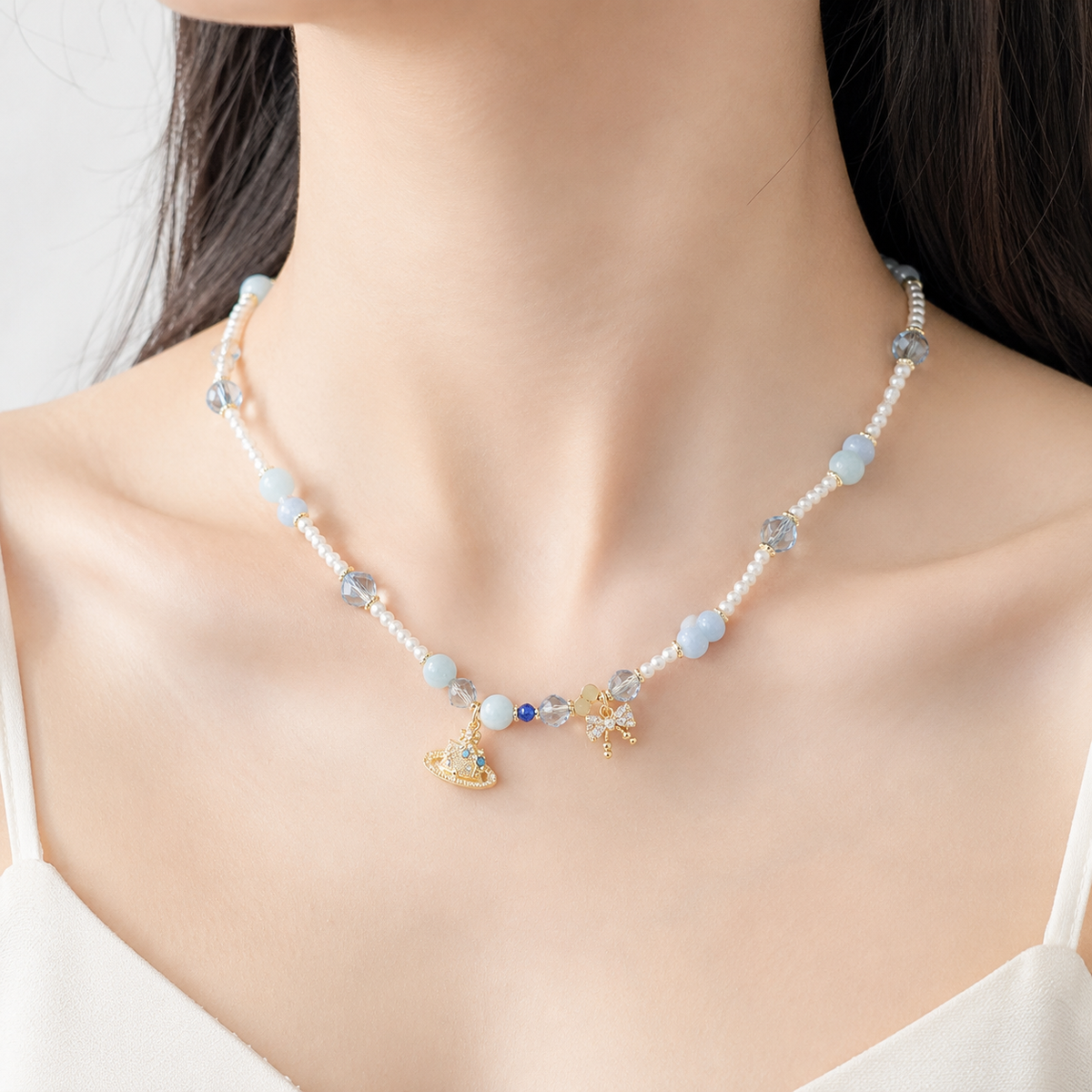Powder Blue Crown Charm Necklace