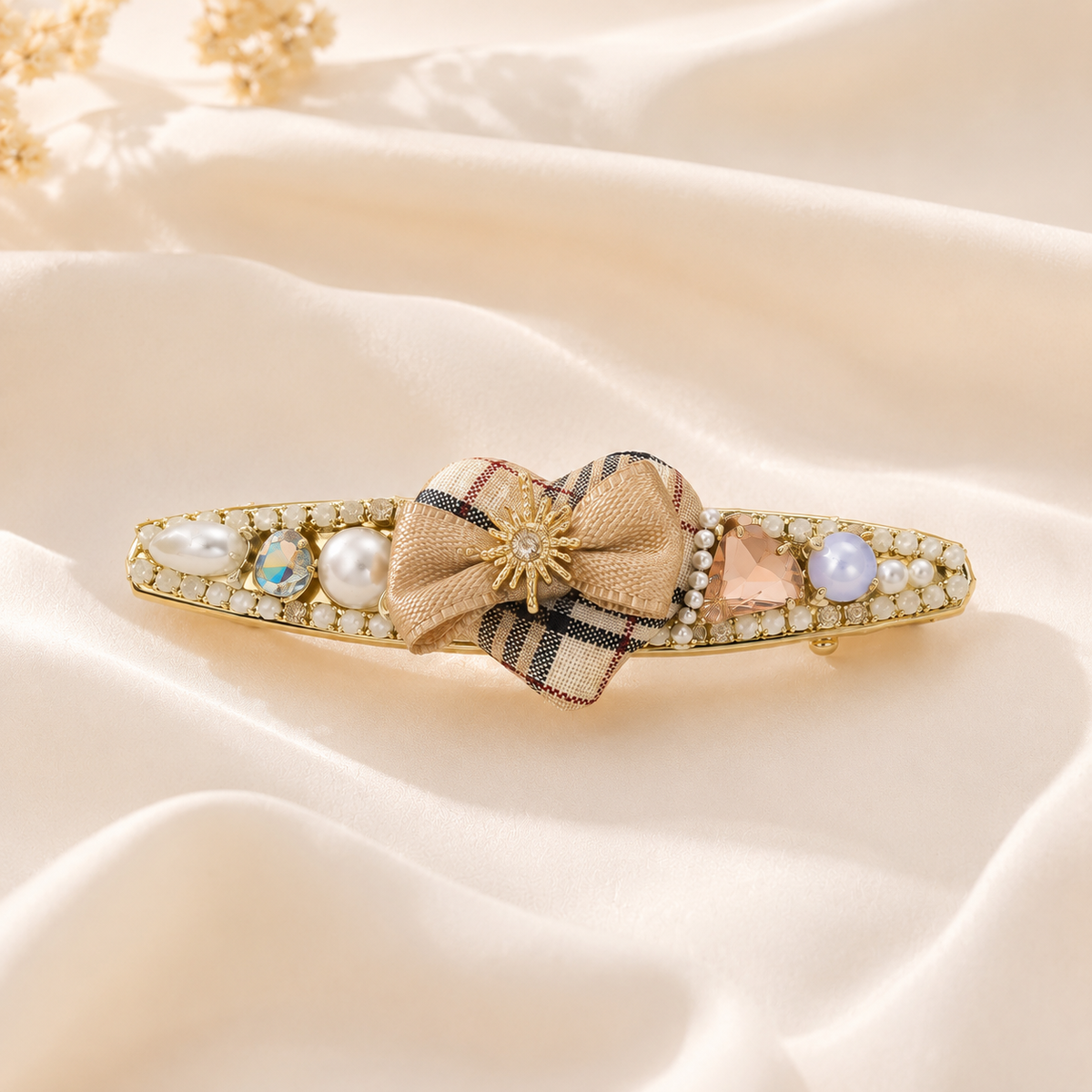 Plaid Bow Pearl Hair Clip