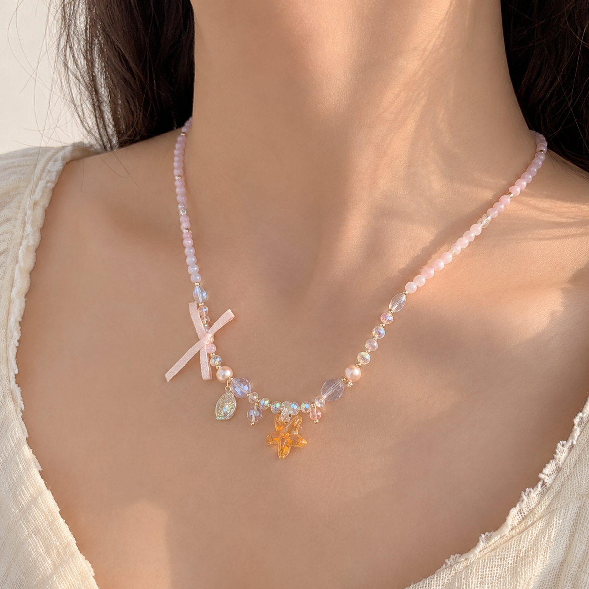 Pink Star Ribbon Necklace