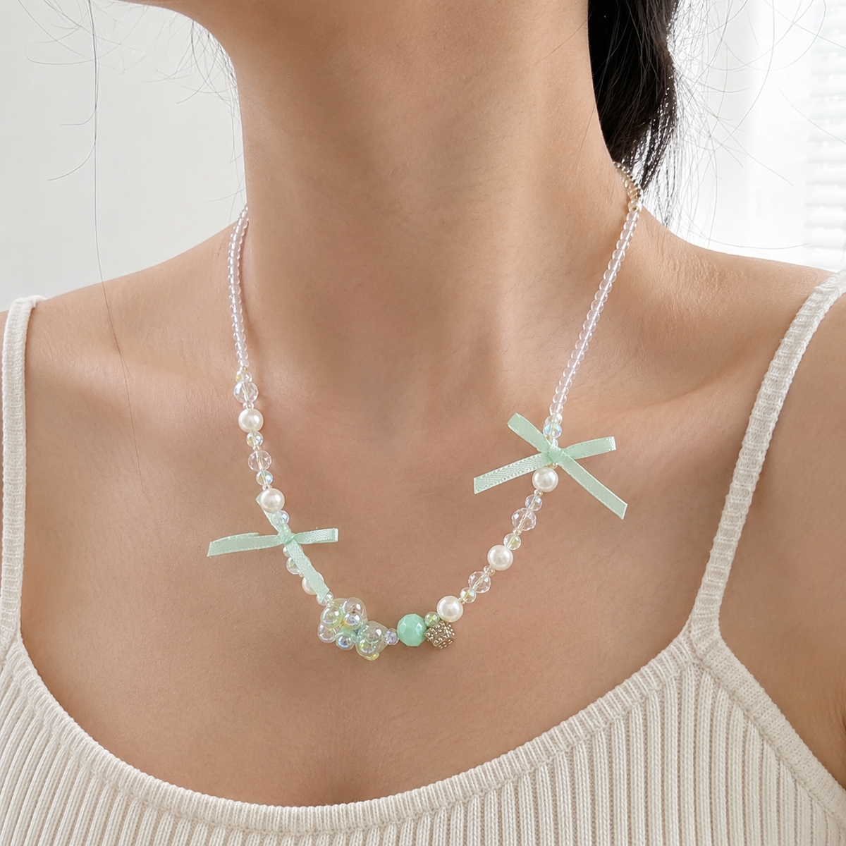 Mint Ribbon Crystal Necklace