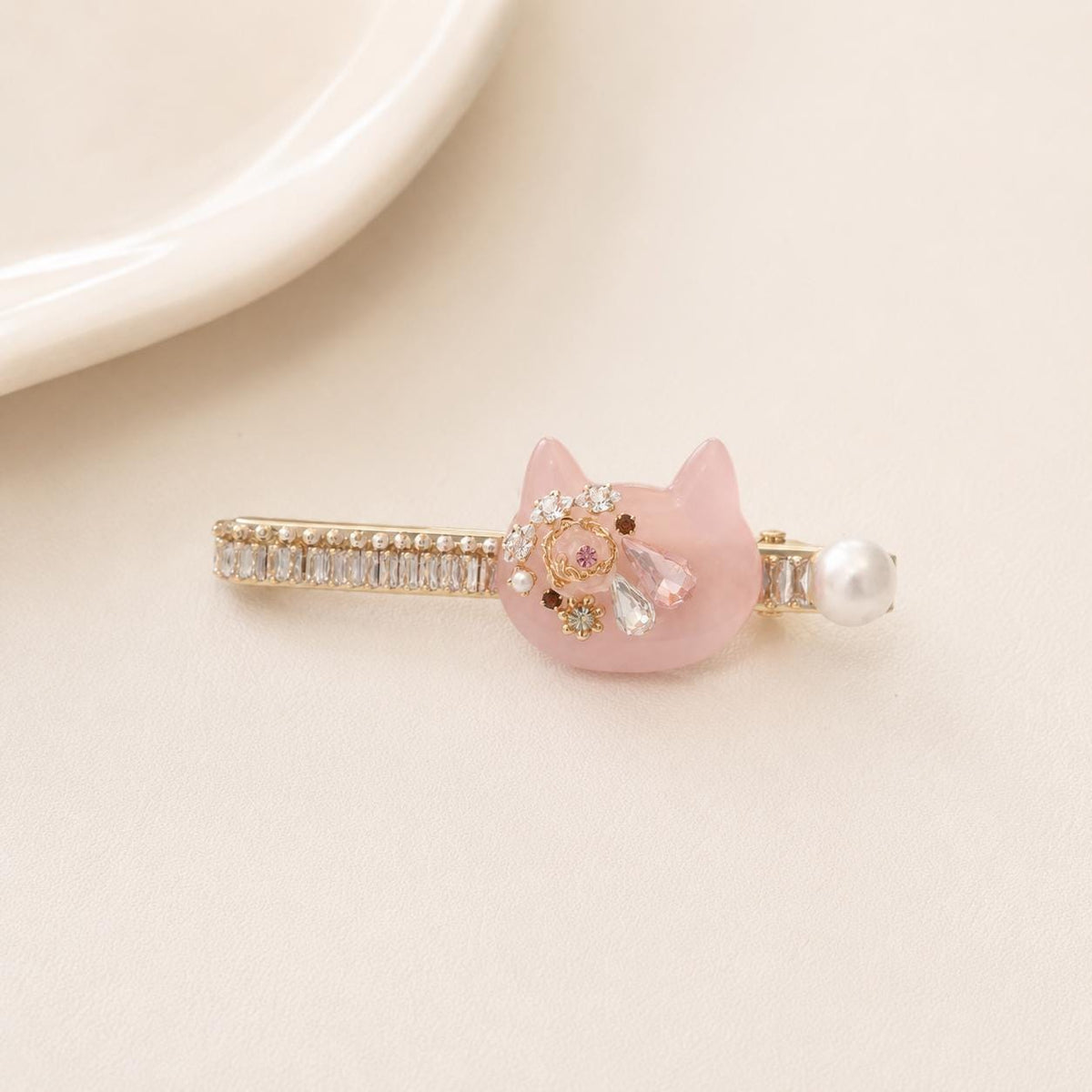 Pink Cat Resin Barrette, Baguette Crystal Hair Clip, Whimsical Kawaii Coquette Accessory