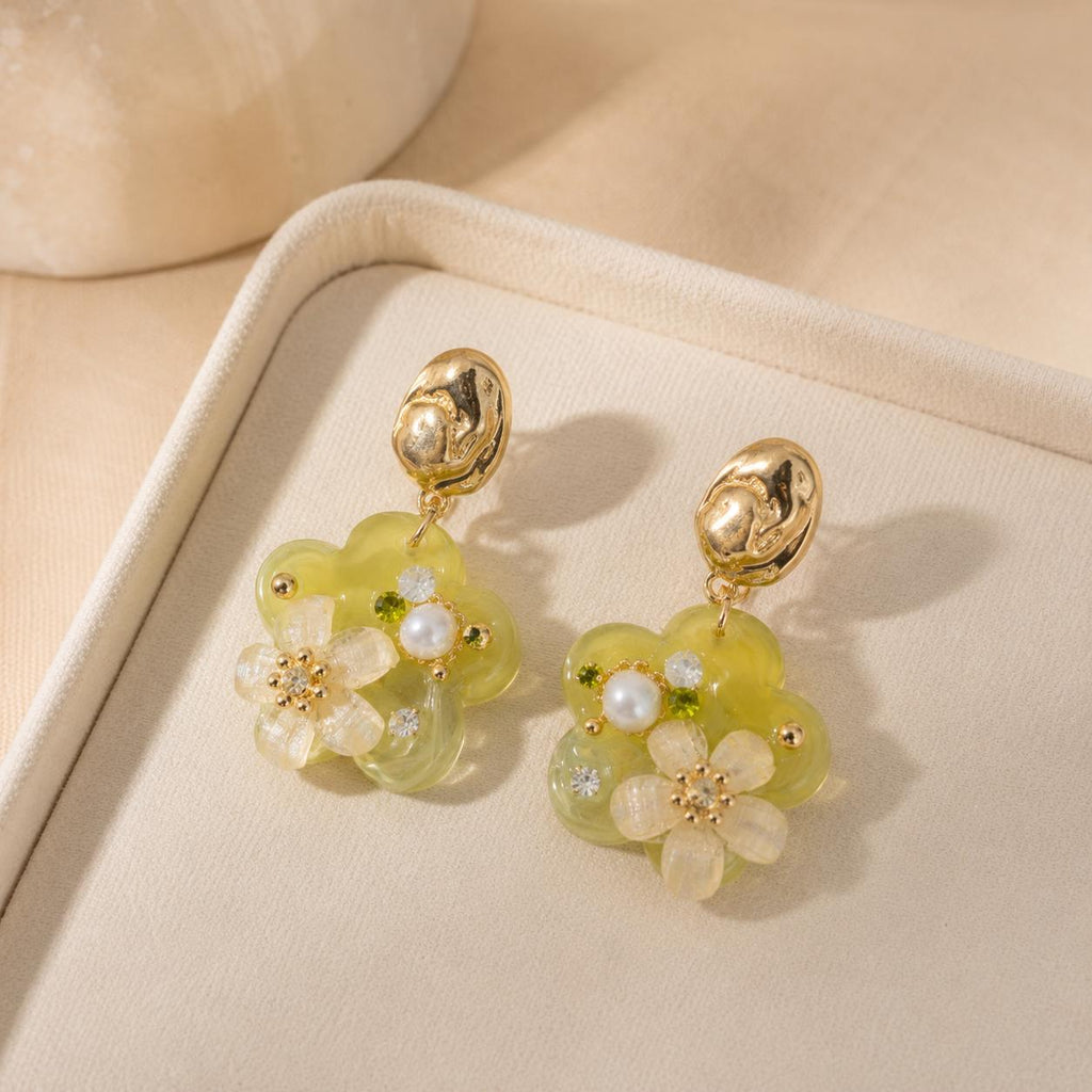 Olive Green Resin Flower Dangle Earrings, Textured Gold Geometric Studs, Botanical Statement Jewelry, Gift for Her