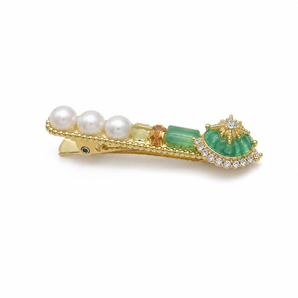 Emerald Green Baroque Pearl Hair Clip, Vintage Gold Geometric Barrette, Elegant French Style Hair Accessory, Gift for Her