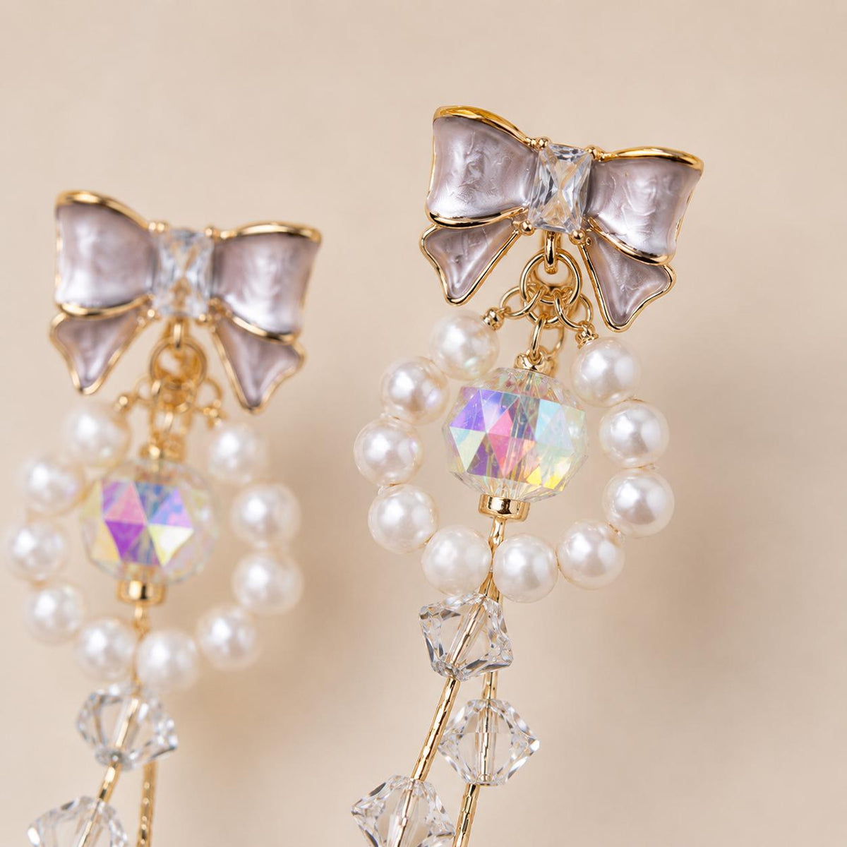 Pearl Bowknot Tassel Earrings, Aurora Crystal Dangle, French Balletcore Ribbon Jewelry