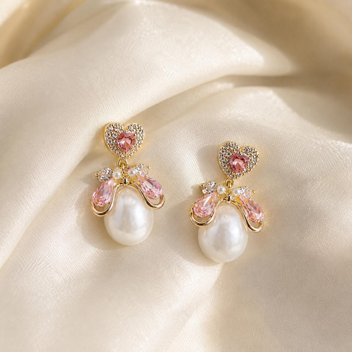 Pink Heart Crystal Bowknot Pearl Dangle Earrings, Balletcore Coquette Statement Jewelry