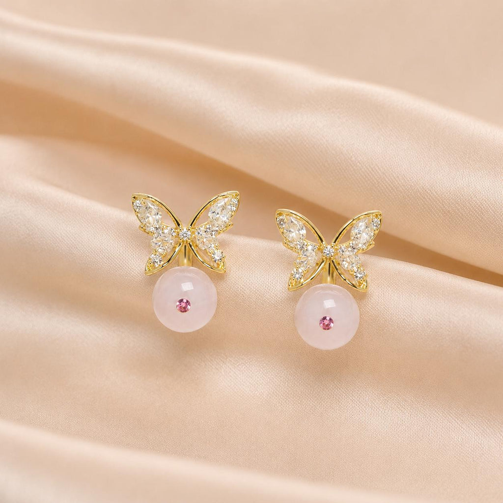 Gold Butterfly Stud Earrings, Marquise Crystal Drop Earrings, Rose Pink Beaded Dangles, Romantic Korean Style Jewelry, Birthday Gift for Her