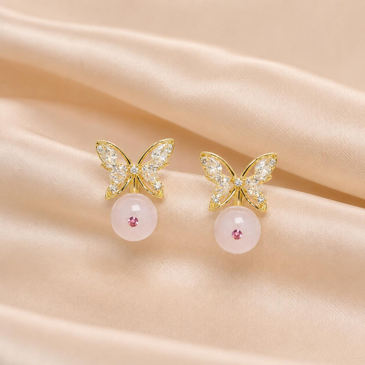 Gold Butterfly Stud Earrings, Marquise Crystal Drop Earrings, Rose Pink Beaded Dangles, Romantic Korean Style Jewelry, Birthday Gift for Her