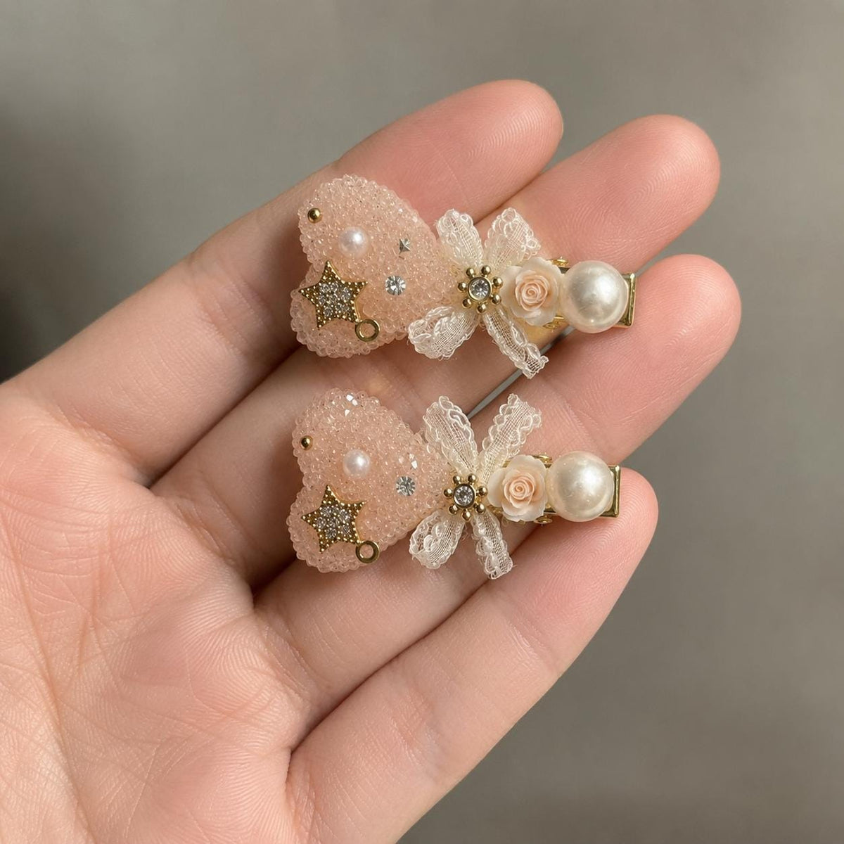 Peach Heart Lace Hair Clips Set of 2, Pearl Bow Barrettes, Beaded Coquette Hair Accessories, Gift for Her