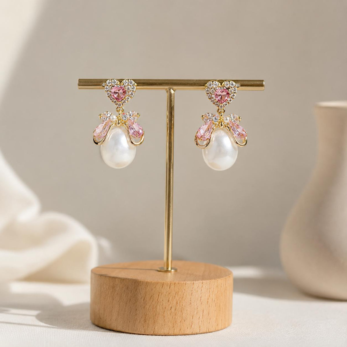Pink Heart Crystal Bowknot Pearl Dangle Earrings, Balletcore Coquette Statement Jewelry