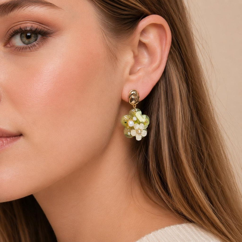Olive Green Resin Flower Dangle Earrings, Textured Gold Geometric Studs, Botanical Statement Jewelry, Gift for Her