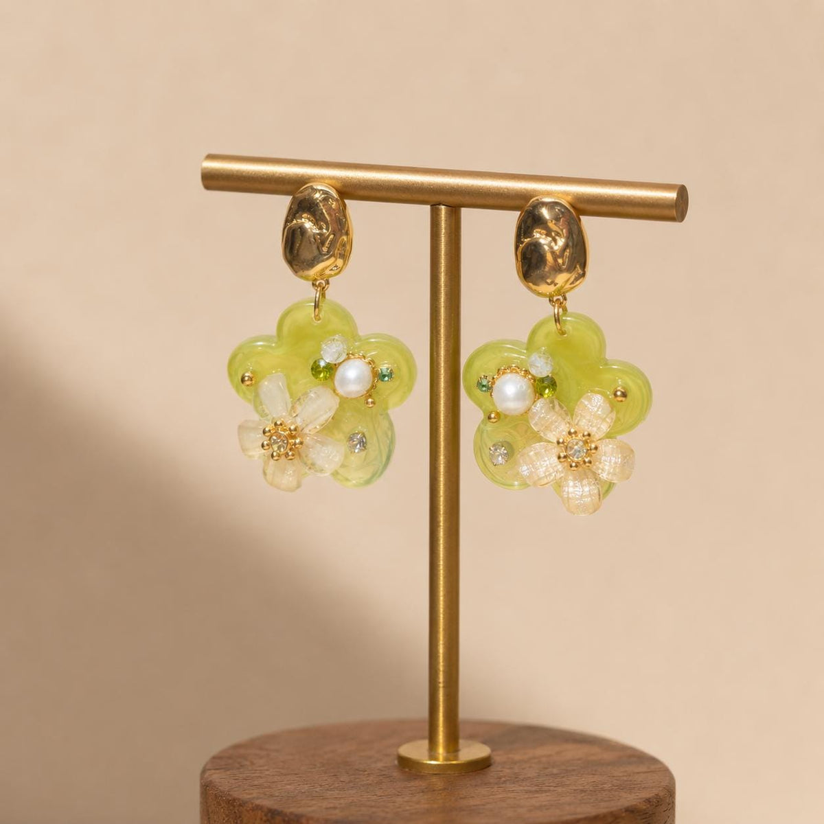 Olive Green Resin Flower Dangle Earrings, Textured Gold Geometric Studs, Botanical Statement Jewelry, Gift for Her