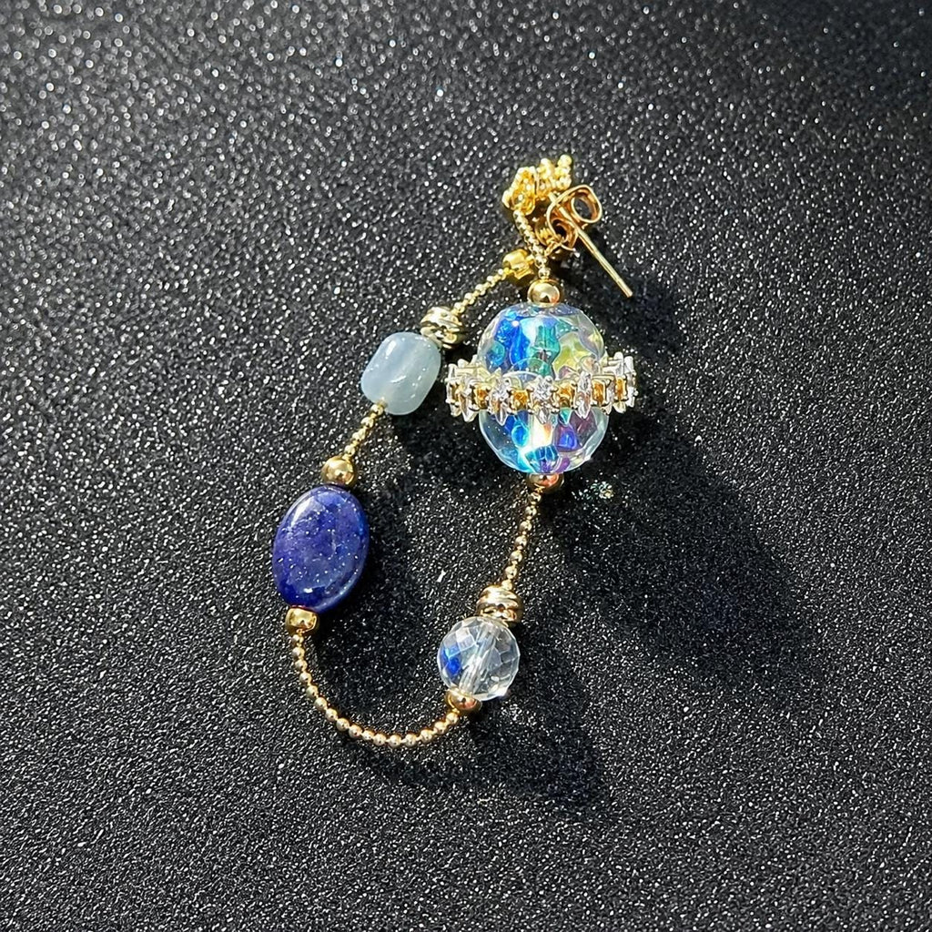 Iridescent Blue Dangle Earrings, Gold Butterfly Chain Earrings, Fairycore Crystal Drop Earrings, Handmade Beaded Jewelry Gift for Her