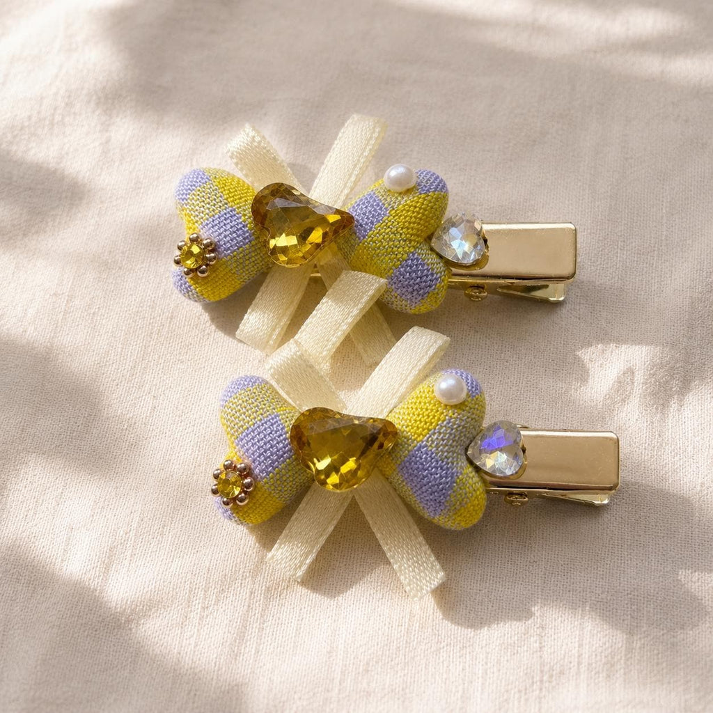 Pastel Gingham Bow Hair Clips Set of 2, Yellow Purple Plaid Barrettes, Crystal Heart Alligator Clips, Gift for Her