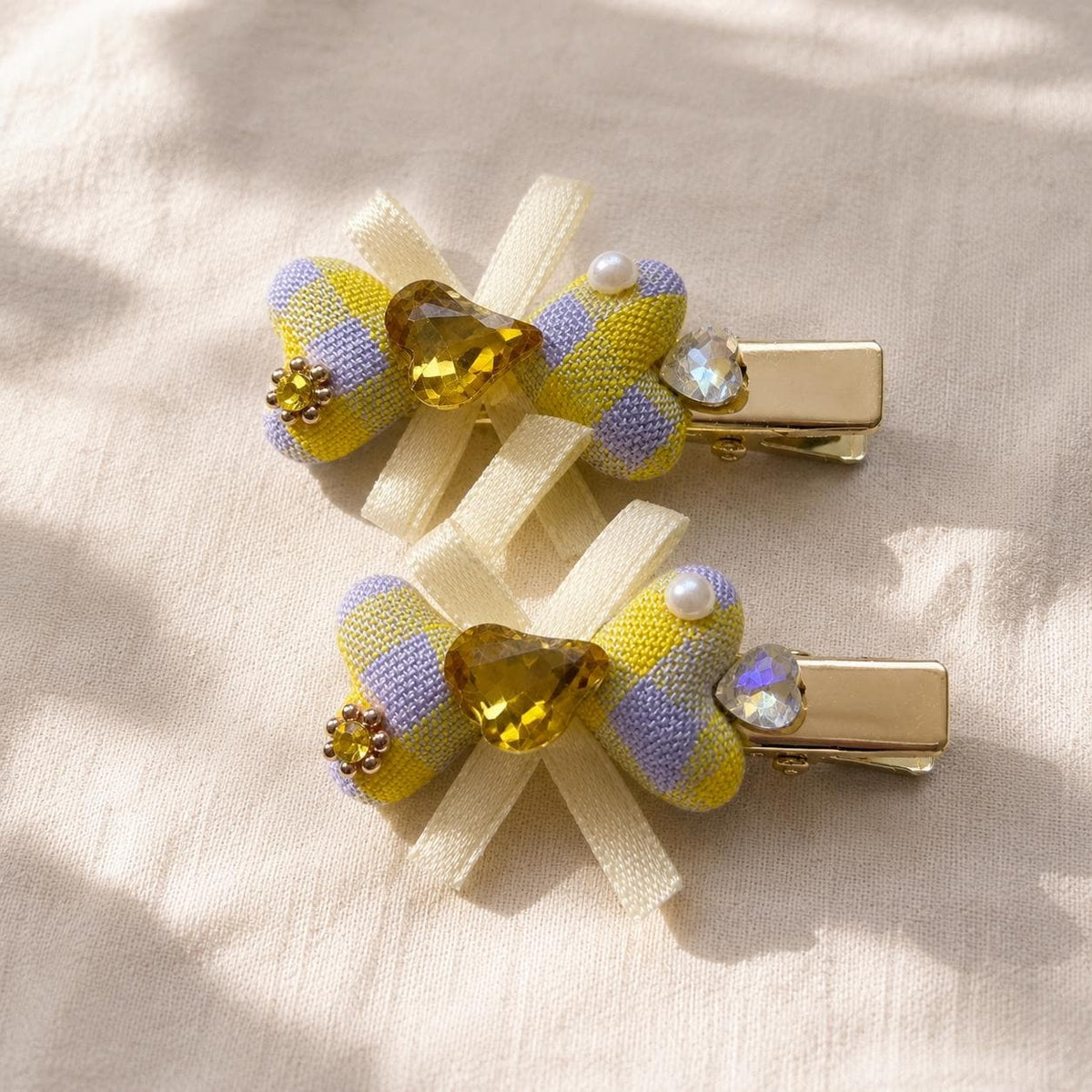 Pastel Gingham Bow Hair Clips Set of 2, Yellow Purple Plaid Barrettes, Crystal Heart Alligator Clips, Gift for Her