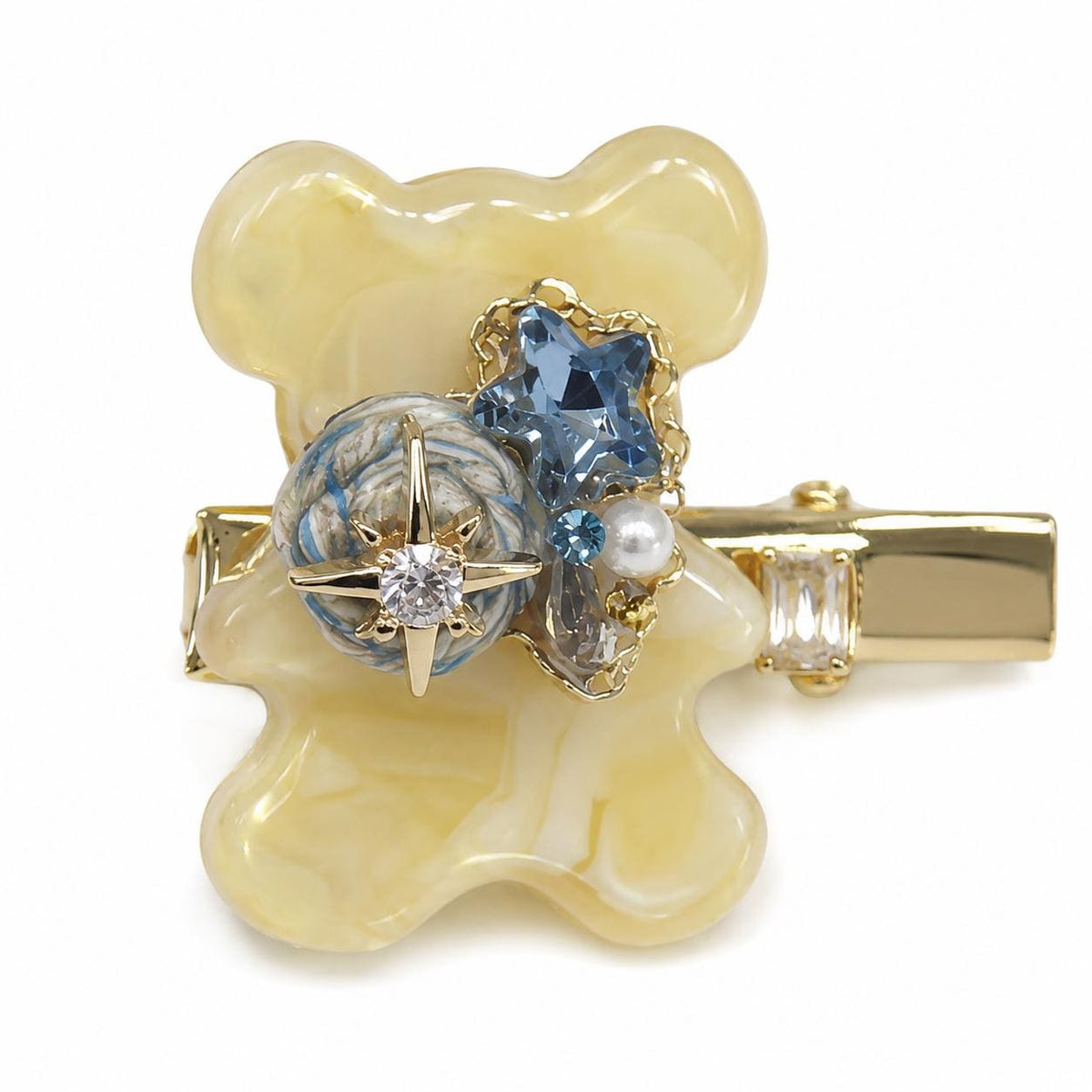 Cream Teddy Bear Hair Clip, Celestial Star Marble Barrette, Blue Crystal Planet Alligator Pinch, Whimsical Kawaii Space Coquette Accessories