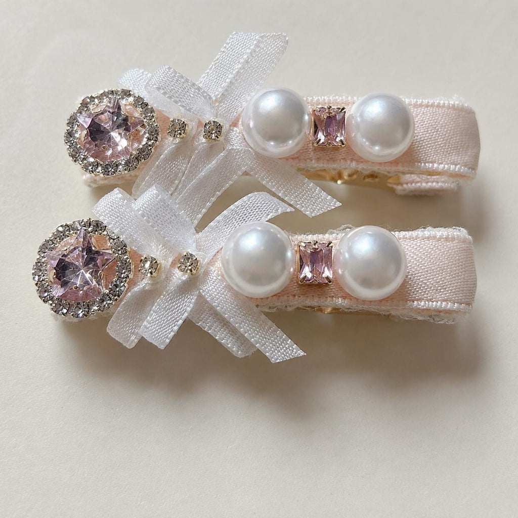 Pink Velvet Bow Hair Clip Set, Balletcore Ribbon Barrettes, Pearl Star Gem Alligator Clips, Coquette Hair Accessories, Gift for Her