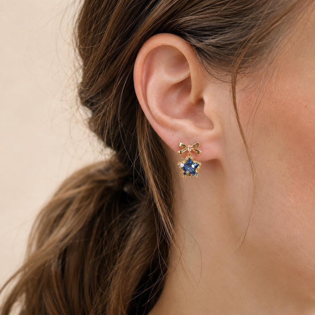Black Bowknot Star Earrings, Royal Blue Crystal Dangle, Vintage Gold Starburst Statement Studs