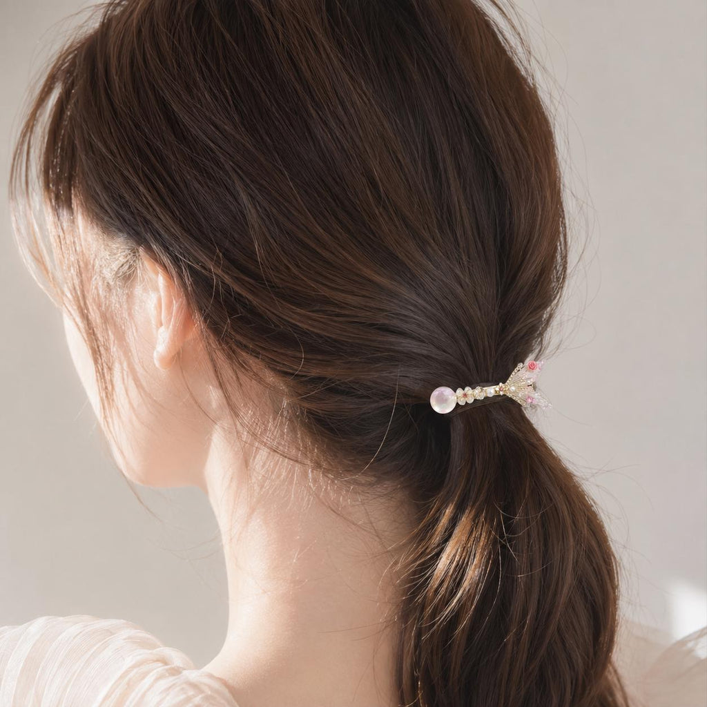 Mermaid Tail Hair Clip, Pink Rose Crystal Barrette, Aurora Coquette Hair Accessory, Cute Gift for Her