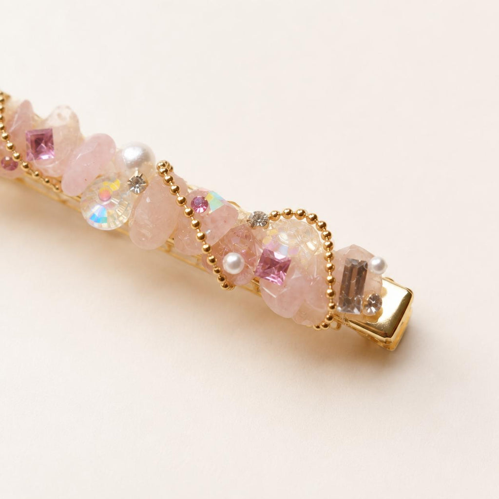 Pink Crystal Stone Hair Clip, Gold Wave Barrette, Fairycore Coquette Hair Accessory, Gift for Her