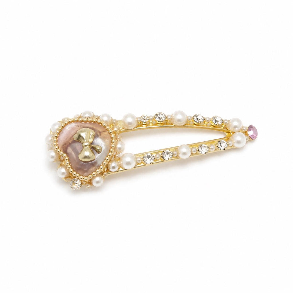 Pearl Heart Bow Hair Clip, Gold Baroque Crystal Barrette, Pink Seashell Snap Clip, Coquette Hair Accessory, Gift for Her