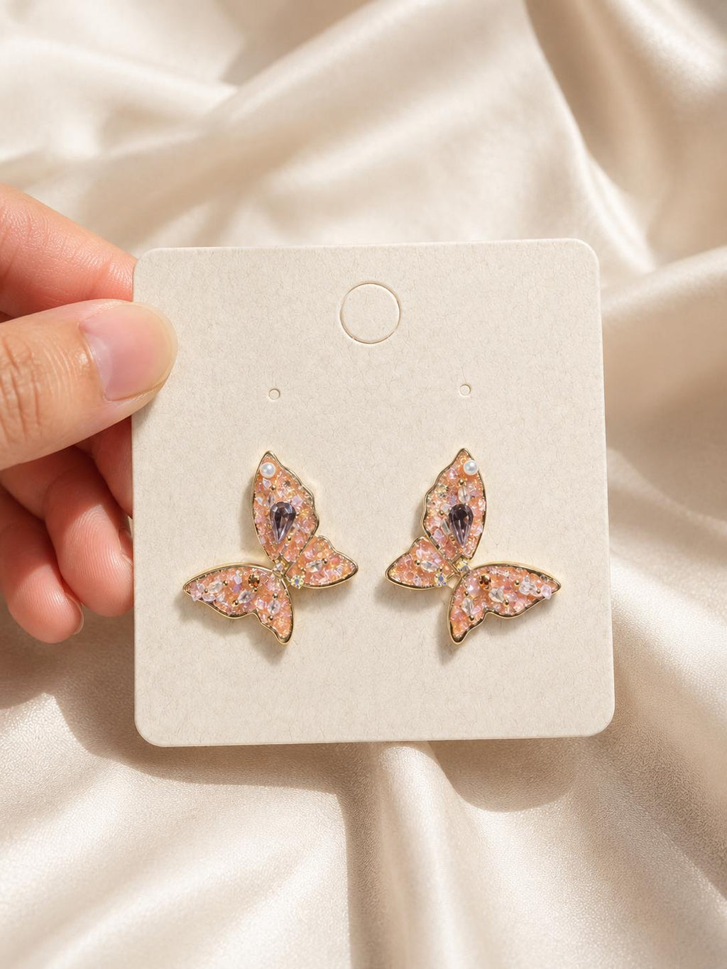 Gold Pink Butterfly Stud Earrings, Crystal Pearl Earrings, Korean Fairycore Jewelry, Whimsical Butterfly Gift for Her