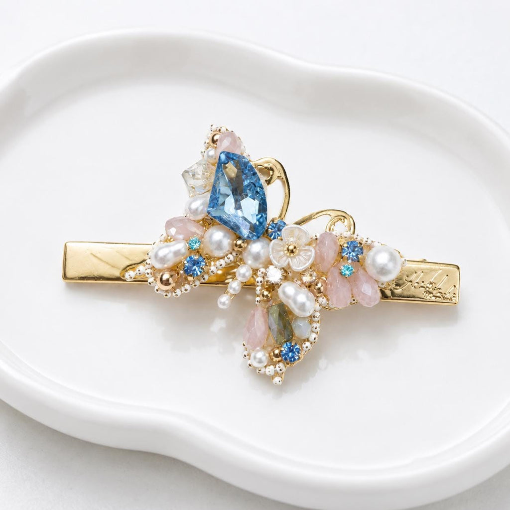 Blue Crystal Butterfly Hair Clip, Pastel Floral Fairycore Barrette, Whimsical Elven Accessory