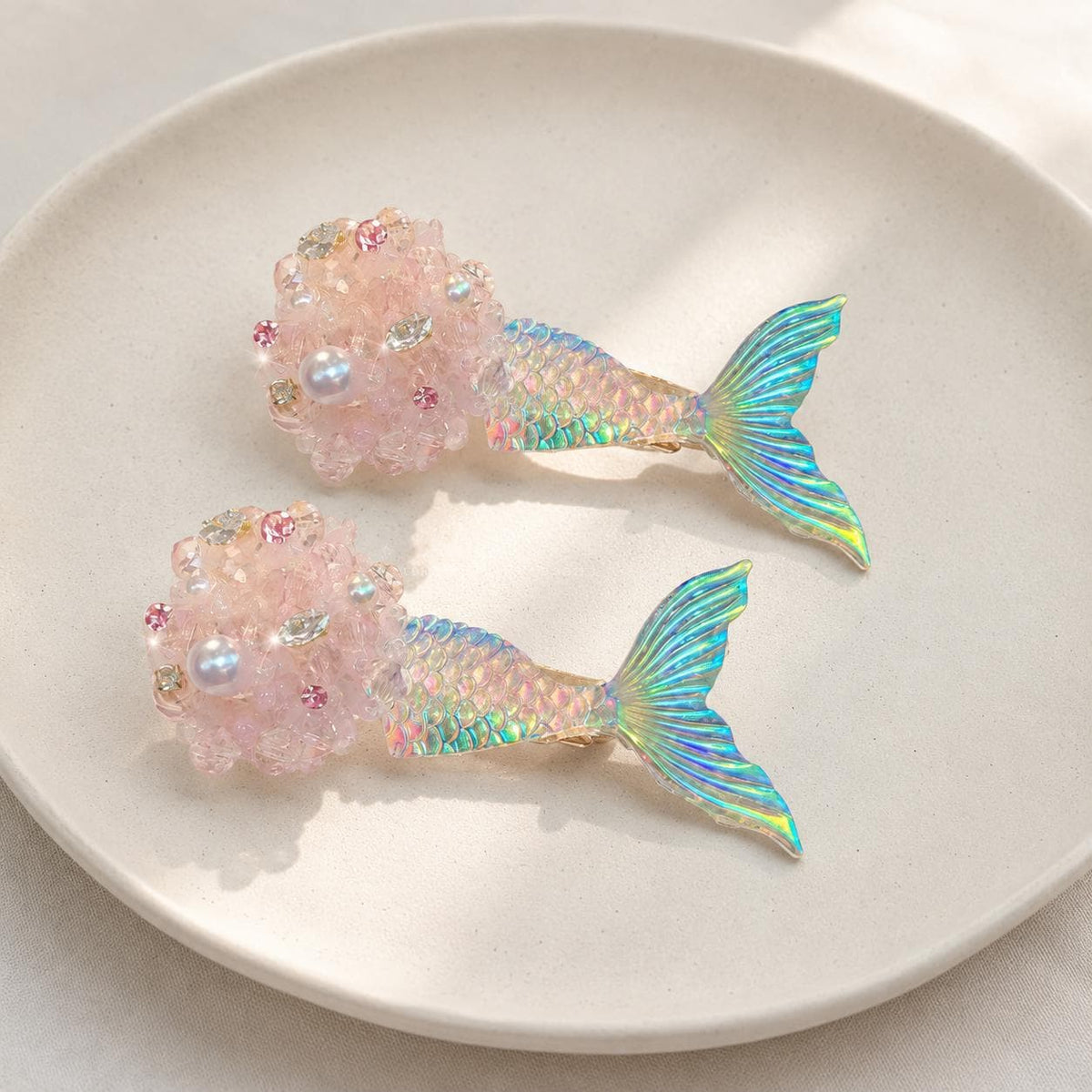 Pink Mermaid Tail Clips, Iridescent Fish Tail Barrette Set, Beaded Pearl Alligator Pinch, Whimsical Coastal Ocean Vacation Accessories