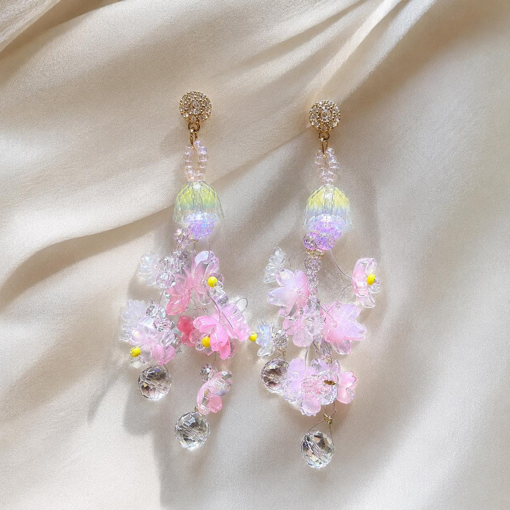 Pink Sakura Flower Dangle Earrings, 3D Acrylic Cherry Blossom Earrings, Fairycore Crystal Statement Earrings, Gift for Her
