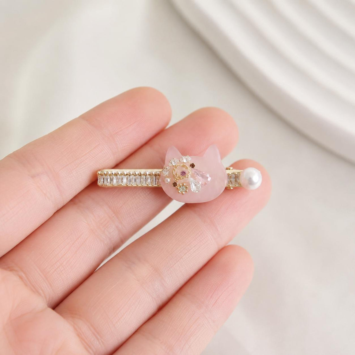 Pink Cat Resin Barrette, Baguette Crystal Hair Clip, Whimsical Kawaii Coquette Accessory