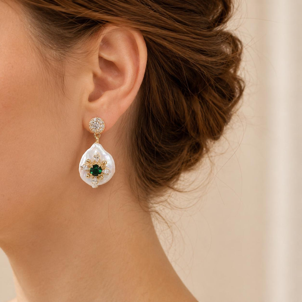Baroque Pearl Drop Earrings, Emerald Green Crystal Starburst Dangles, Antique Gold Stud Earrings, Vintage Statement Jewelry, Gift for Her
