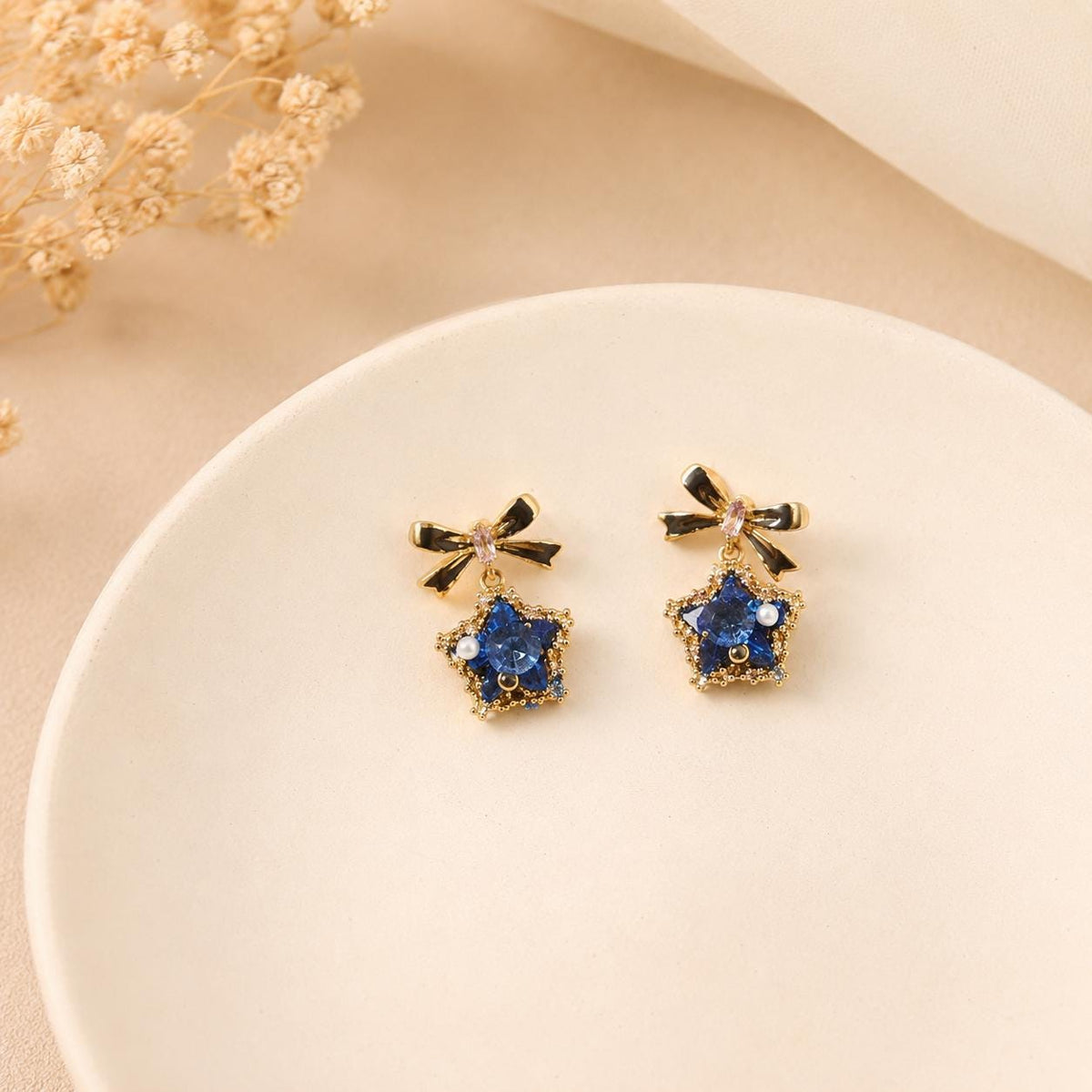 Black Bowknot Star Earrings, Royal Blue Crystal Dangle, Vintage Gold Starburst Statement Studs