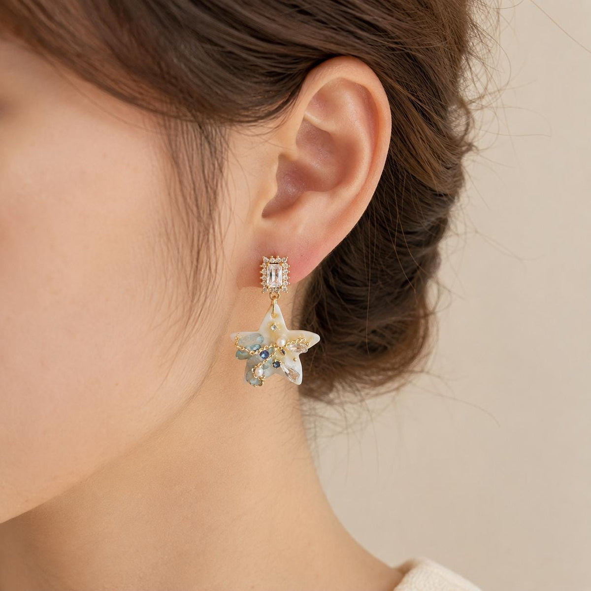 Starfish Pearl Drop Earrings, Emerald Crystal Stud Earrings, Aquamarine Ocean Inspired Jewelry, Beach Gift for Her