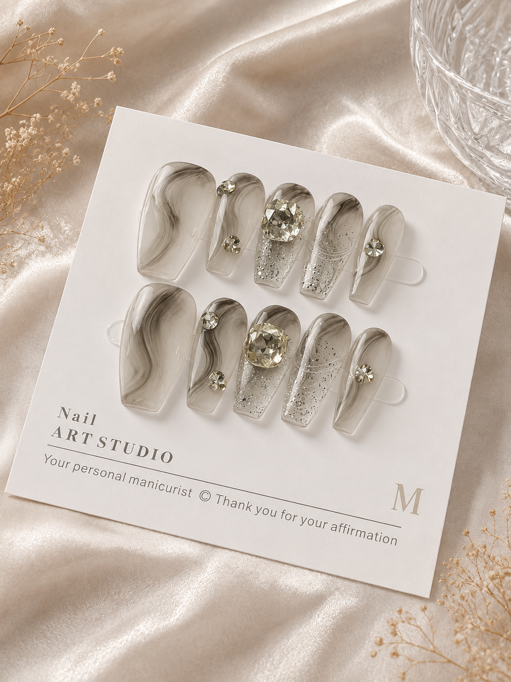 Silver Veil – Smoky Marble Crystal Press-On Nails No.13