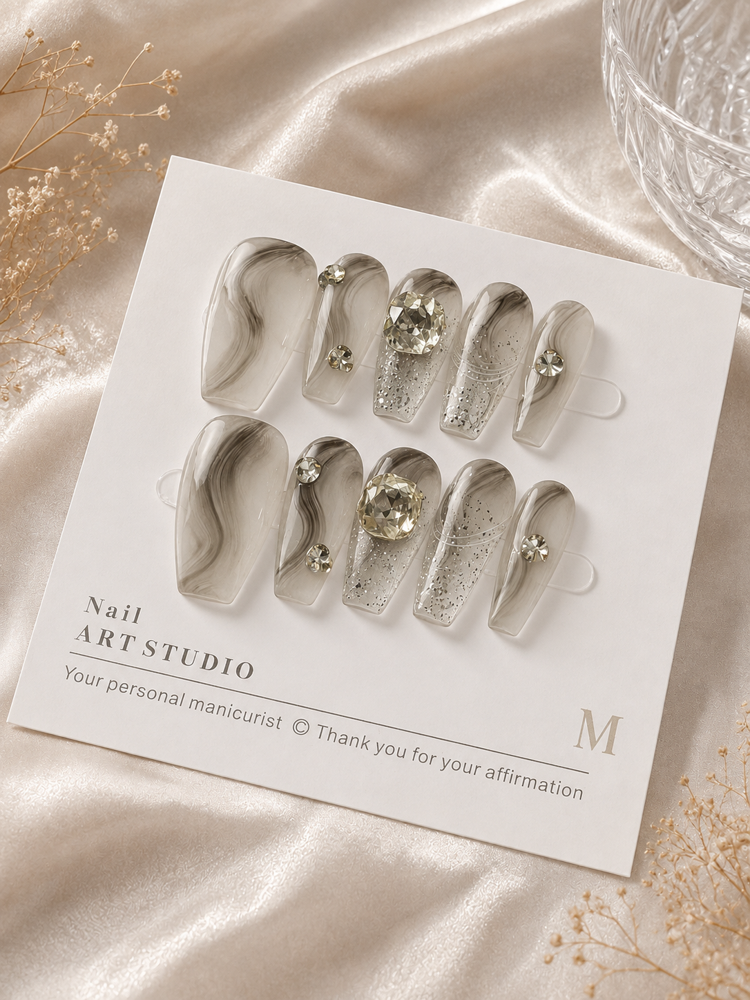 Silver Veil – Smoky Marble Crystal Press-On Nails No.13