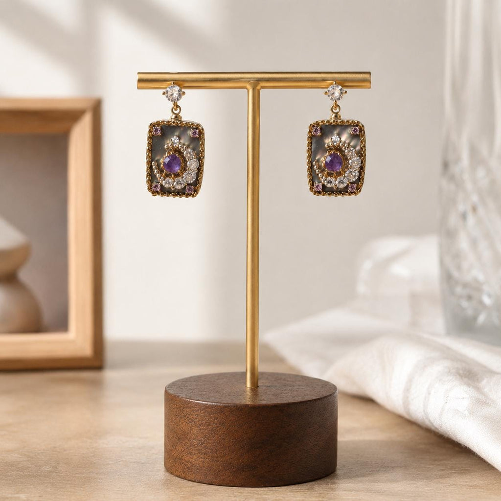 Amethyst Tarot Earrings, Crescent Moon Drop Earrings, Black Pearl Dangles, Witchy Celestial Jewelry, Mystical Gift for Her